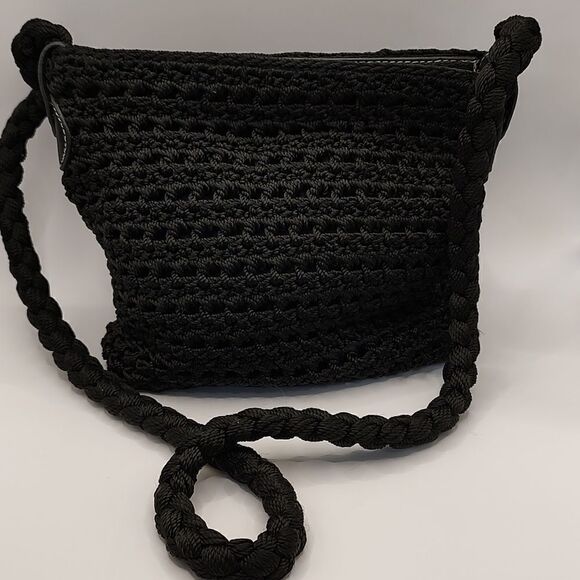 Luxy Black Crochet and Leather Shoulder Bag - Picture 1 of 9